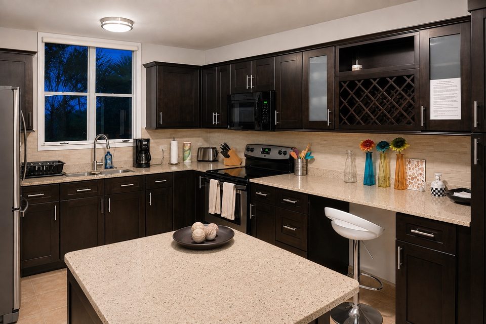 The kitchen: dark cabinets, stone counters, electric range and microwave, coffee maker and toaster by the window, a breakfast bar with a white stool