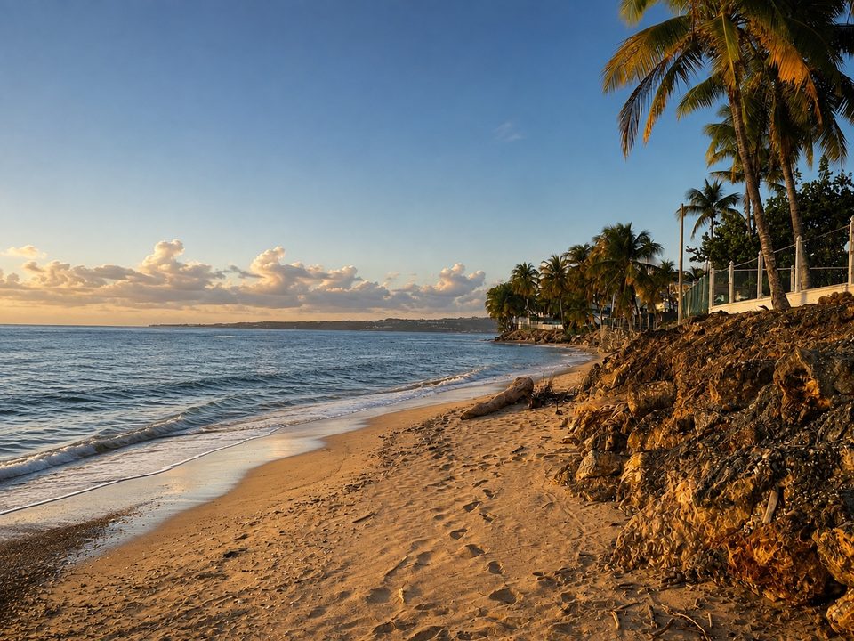 The rocky shoreline at first light, palms along the shore