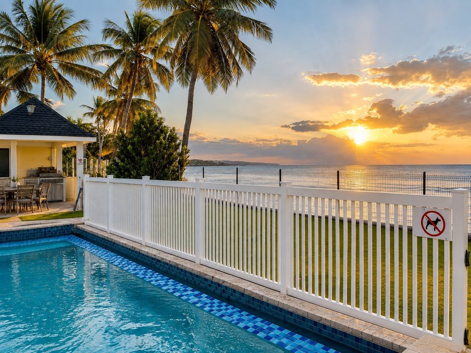 The shared pool at sunrise, the ocean just beyond the fence